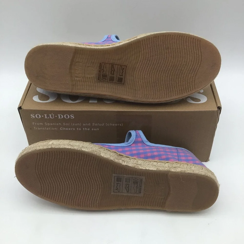 Soludos The Mary Jane Espadrilles Blue Pink Gingham Checkered Size 7 - 7.5 NEW